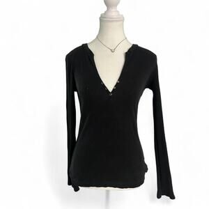 Copper Key Y2K Black Fitted 100% Cotton Henley V Neck Top Size Large